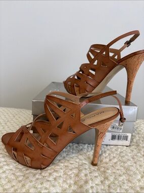 Strappy Platform Tan Brown High Heel Sandals, size 7.5